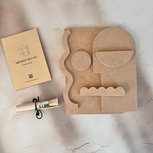 Detailed layout of Abstract Self Kit shapes and tools, showcasing the contents before plastering.